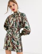 Asos Design Mini Dress In Camo Sequin In Slouchy Fit With Belt