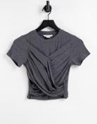 Urban Revivo Twist Front T-shirt In Dark Gray-grey