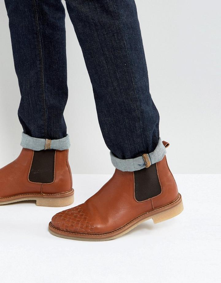 Asos Chelsea Boots With Weave Detail In Tan Leather - Tan