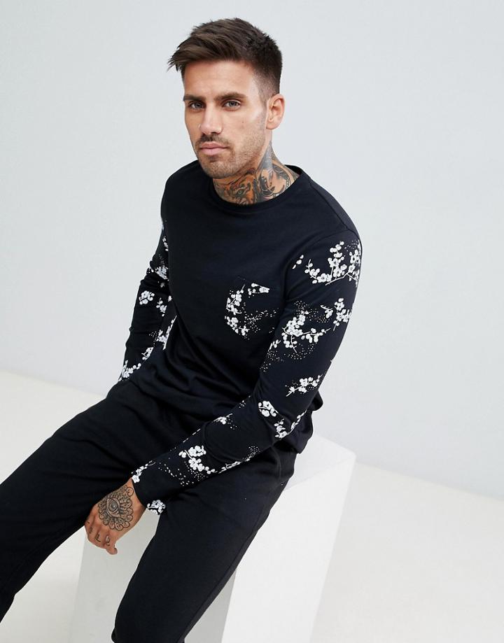 Asos Design Long Sleeve T-shirt With Contrast Floral Sleeve And Pocket - Black