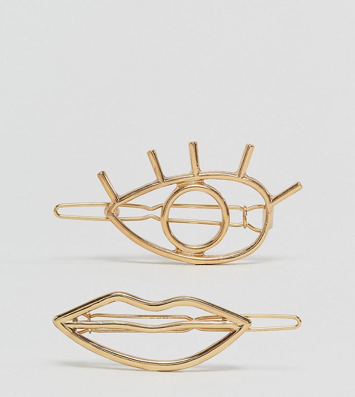 Asos Pack Of 2 Eye & Lips Hair Clips - Gold