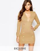 Rare London Body-conscious Dress With Military Gold Button Detail - Camel