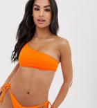 South Beach Exclusive Mix And Match Ribbed One Shoulder Bikini Top In Neon Orange - Orange