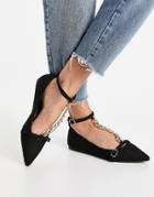 Asos Design Lauren T-bar Chain Pointed Ballet Flats In Black
