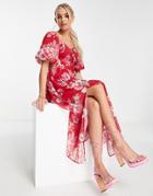 Miss Selfridge Chiffon Puff Sleeve Maxi Dress In Red Vintage Floral-pink