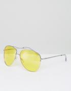 Asos Metal Aviator Sunglasses In Silver With Yellow Colored Lens And Top Bar - Silver