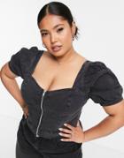 Urabn Bliss Plus Puff Sleeve Zip Front Detail Top In Black