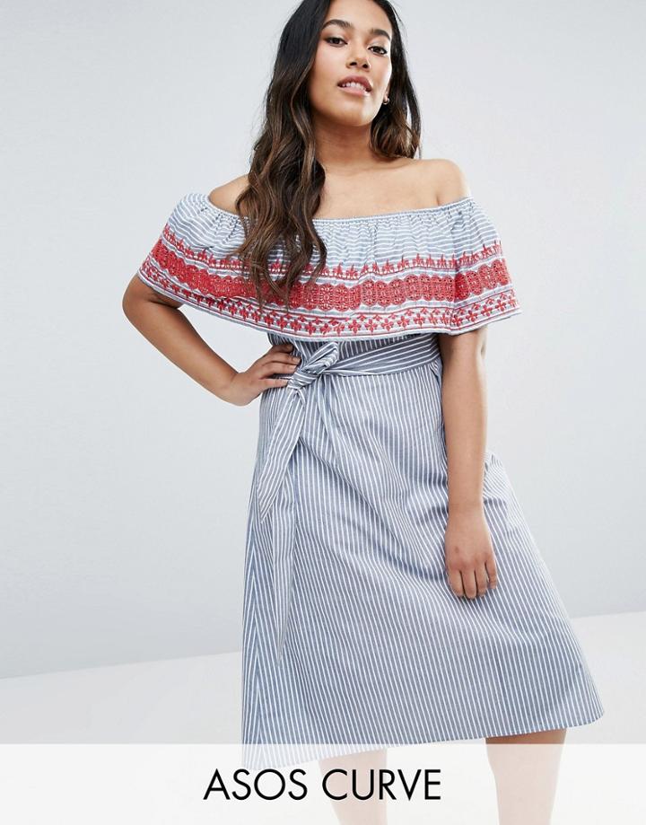 Asos Curve Shirring Detail Off Shoulder Sun Dress In Cotton Stripe - B