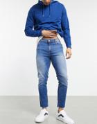 Asos Design Cropped Skinny Jeans In Vintage Dark Wash With Raw Hem-blues