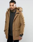 Asos Parka Jacket With Faux Fur Trim In Tobacco - Tobacco