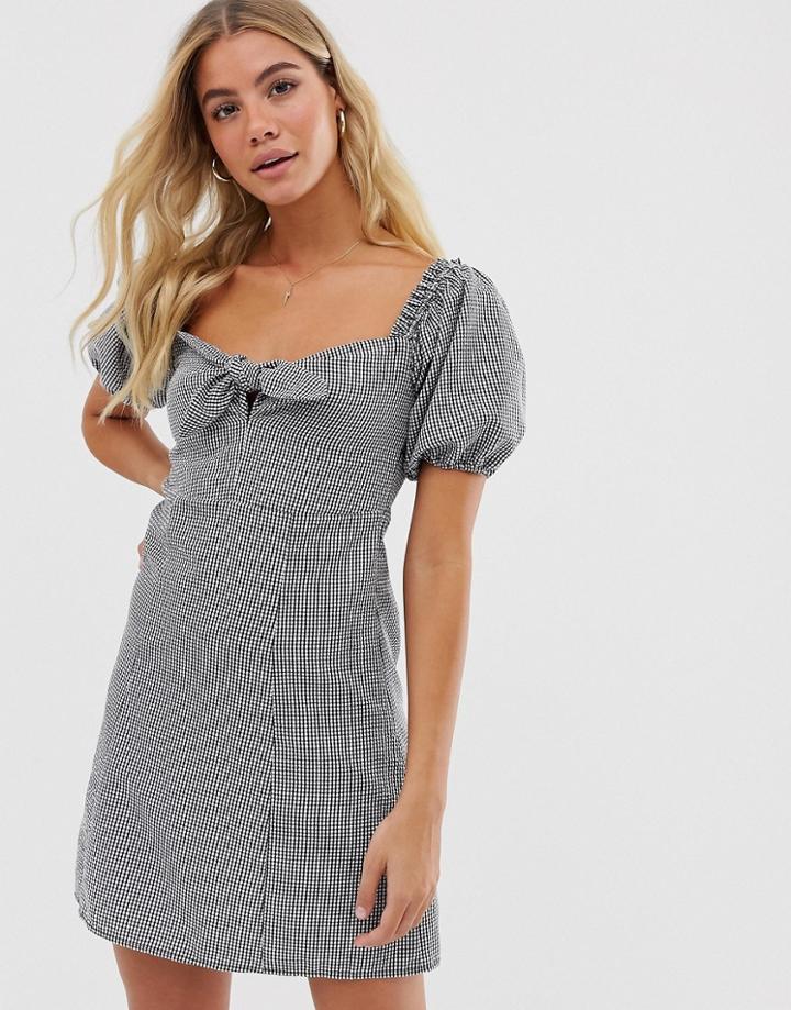 Miss Selfridge Milkmaid Dress With Tie Front In Gingham-black