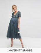 Maya Maternity Cap Sleeve Midi Dress In Tonal Delicate Sequin With Tulle Skirt - Blue