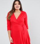 Asos Curve Mini Tea Skater Dress With Wrap Front And 3/4 Sleeve - Brown