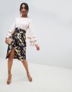 Asos Design Bird Jacquard Pencil Skirt With Self Belt - Multi