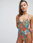 Jaded London Vintage Print High Leg Swimsuit - Multi