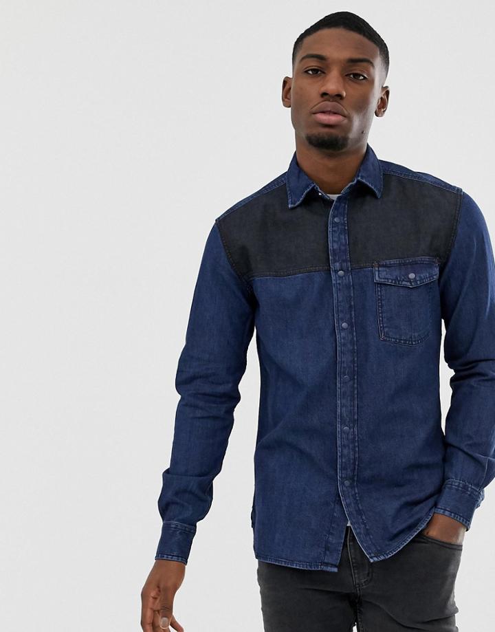 Esprit Regular Fit Denim Shirt In Two Tone Dark Wash Blue - Blue