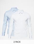 Asos Skinny Shirt 2 Pack In White And Blue With Long Sleeves Save 15%
