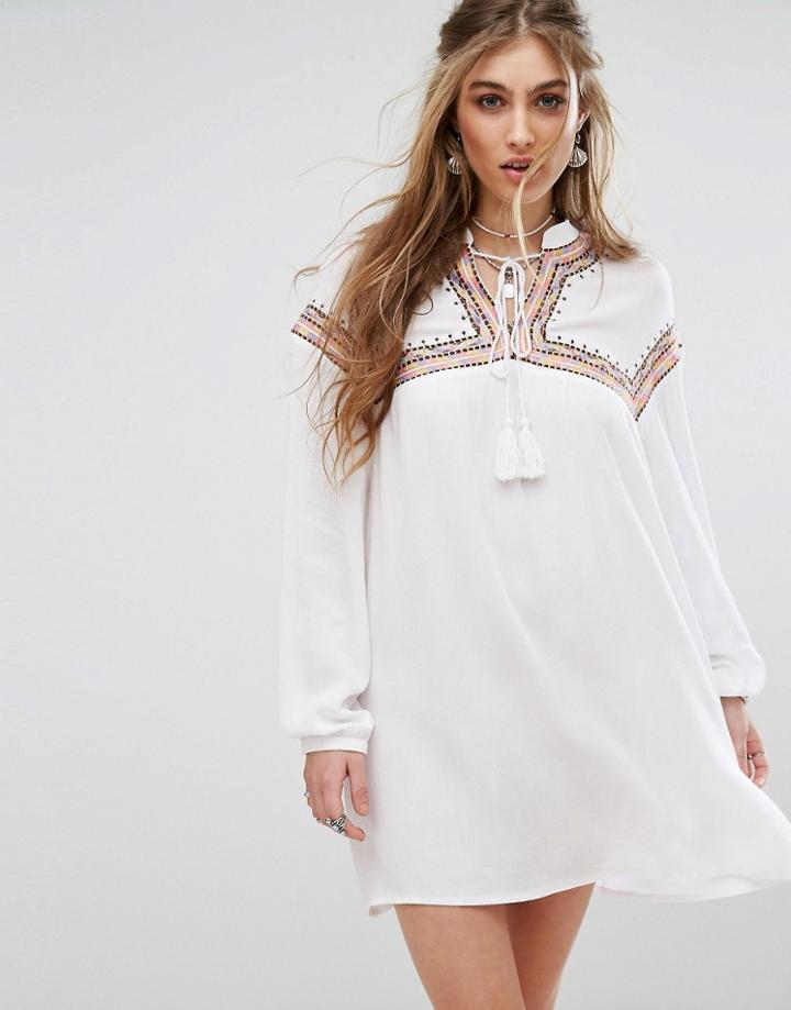 Missguided Embroidered Tie Front Smock Dress - White