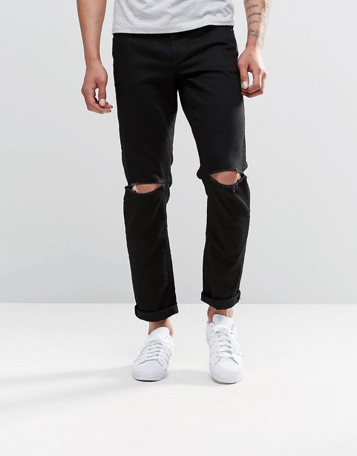 Asos Stretch Slim Jeans With Knee Rips In Black - Black