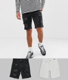 Asos Design Denim Shorts In Slim White & Black With Heavy Rips - Multi