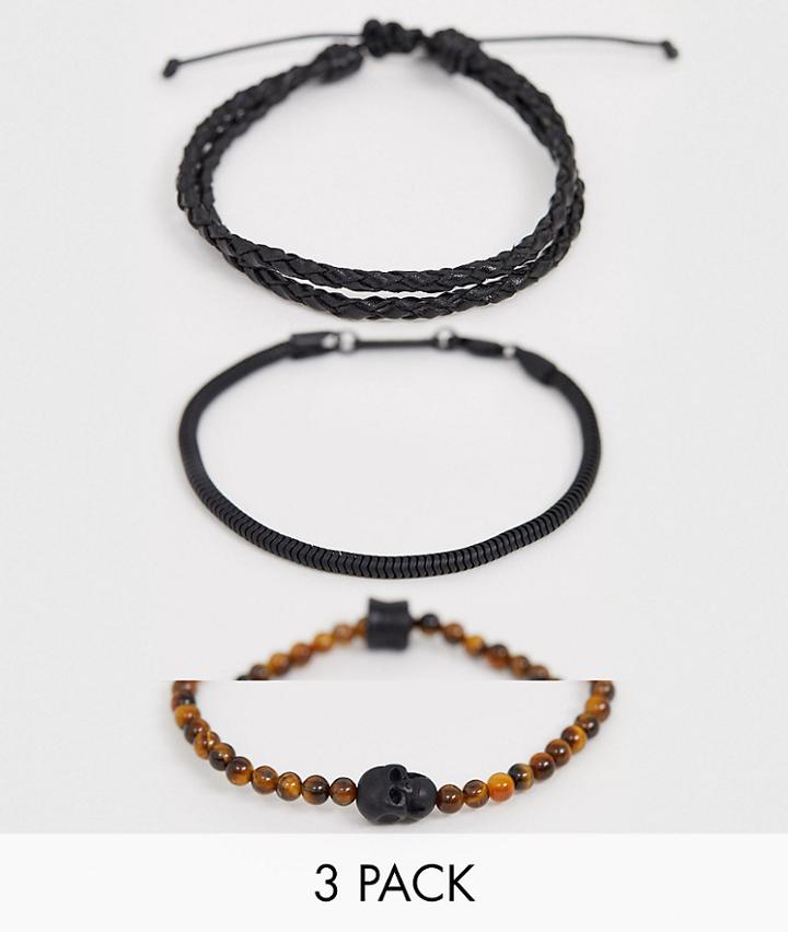 Icon Brand Bracelet Multipack With Imitation Tigers Eye Stone In Black - Black
