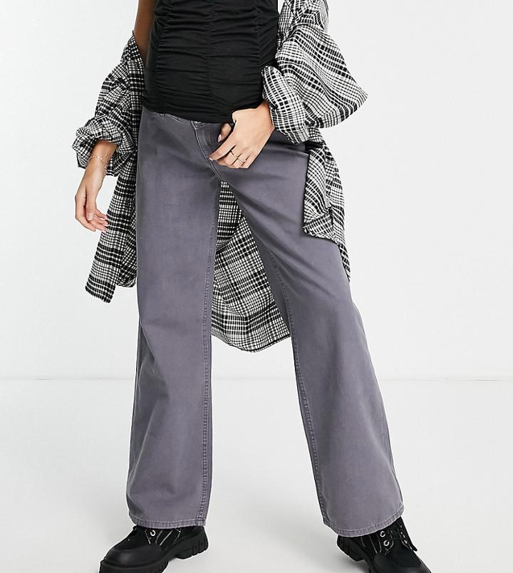 Asos Design Maternity Wide Leg Dad Pants In Washed Gray