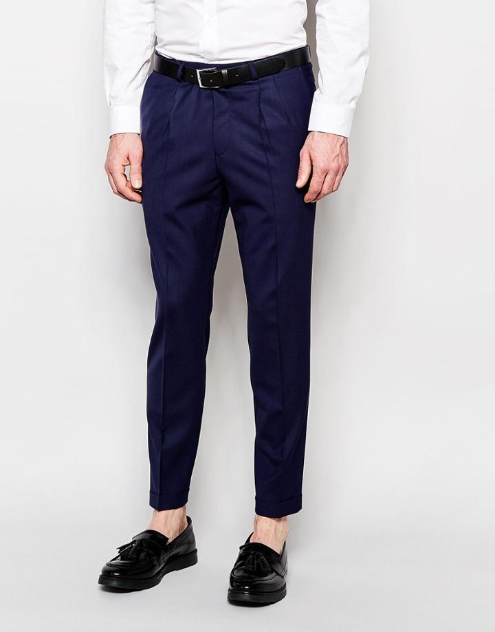 Noose & Monkey Pants With Stretch And Double Pleat In Wide Leg Fit - Navy