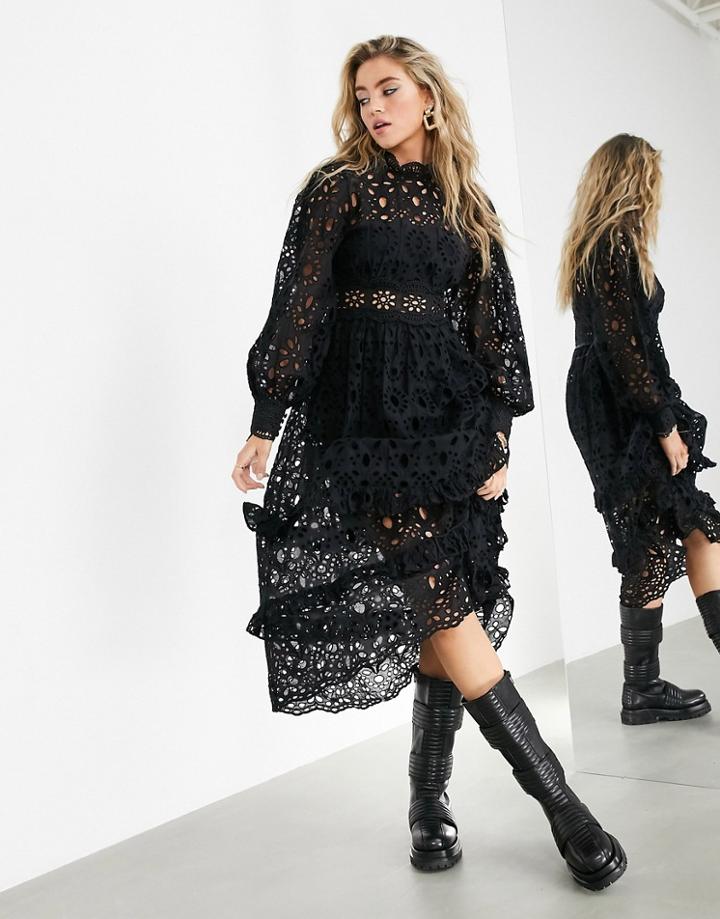 Asos Edition Broderie Midi Dress With Balloon Sleeves-black