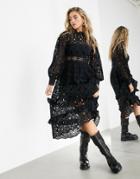 Asos Edition Broderie Midi Dress With Balloon Sleeves-black
