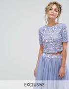 Lace & Beads Short Sleeved Crop Top With 3d Embellishment Co-ord - Purple