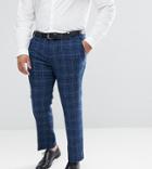 Asos Plus Slim Suit Pants In 100% Wool Harris Tweed Herringbone In Blue Check - Blue