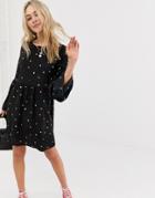 Asos Design Fluted Sleeve Smock Mini Dress In Multi Polka Dot - Multi