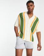 Asos Design Knitted Button Through Polo With Stripe Placements-multi