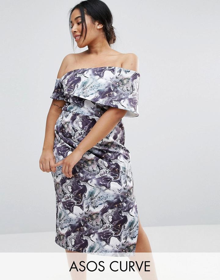 Asos Curve Marble Print One Shoulder Clean Scuba Midi Dress - Multi