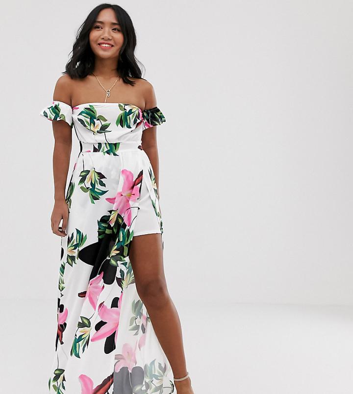 Parisian Petite Off Shoulder Maxi Dress In White Floral Print - White