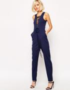 Lavish Alice Tapered Leg Jumpsuit With Lace Up Plunge - Navy