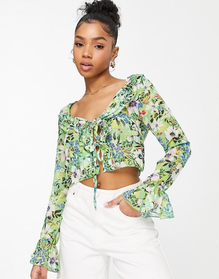 Stradivarius Tie Detail Ruffle Blouse In Bold Floral Print-multi