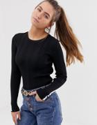 Bershka Long Sleeve Side Stripe Knitted Top In Black - Black