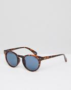 Asos Round Sunglasses In Tort With Blue Lens - Brown