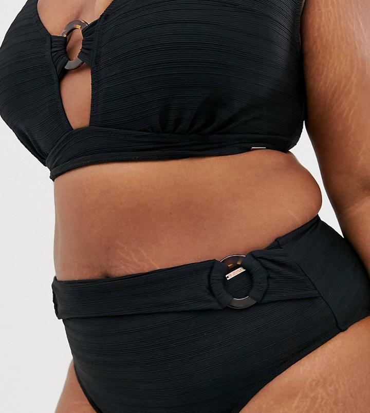 Figleaves Curve High Waist Textured Bikini Bottom In Black