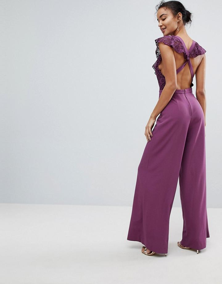 Asos Wrap Lace Jumpsuit With Wide Leg - Purple