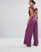 Asos Wrap Lace Jumpsuit With Wide Leg - Purple
