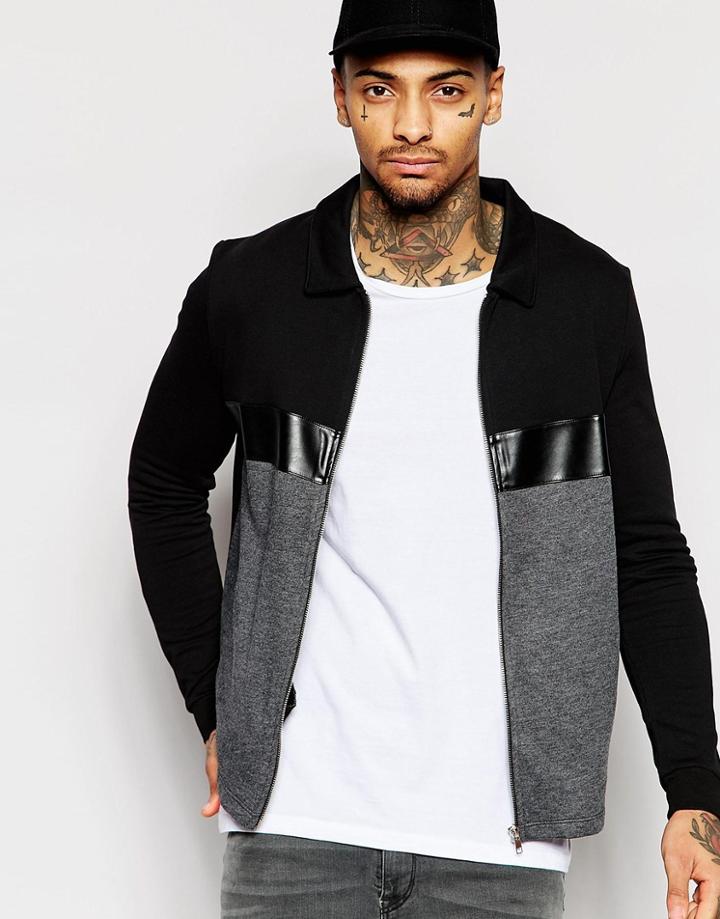 Asos Jersey Harrington Jacket With Cut & Sew Faux Leather Stripe - Charcoal Marl