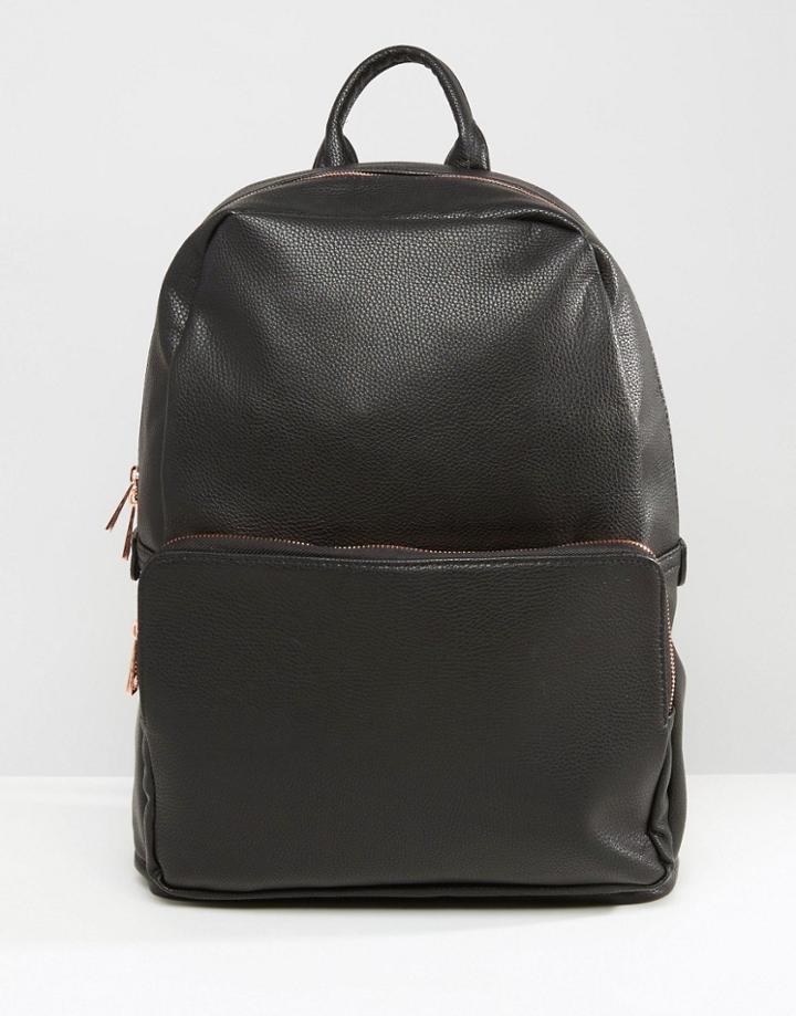 Asos Backpack In Black Faux Leather With Rose Gold Zip - Black