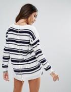 Brave Soul Stripe Sweater With Zip Back - White