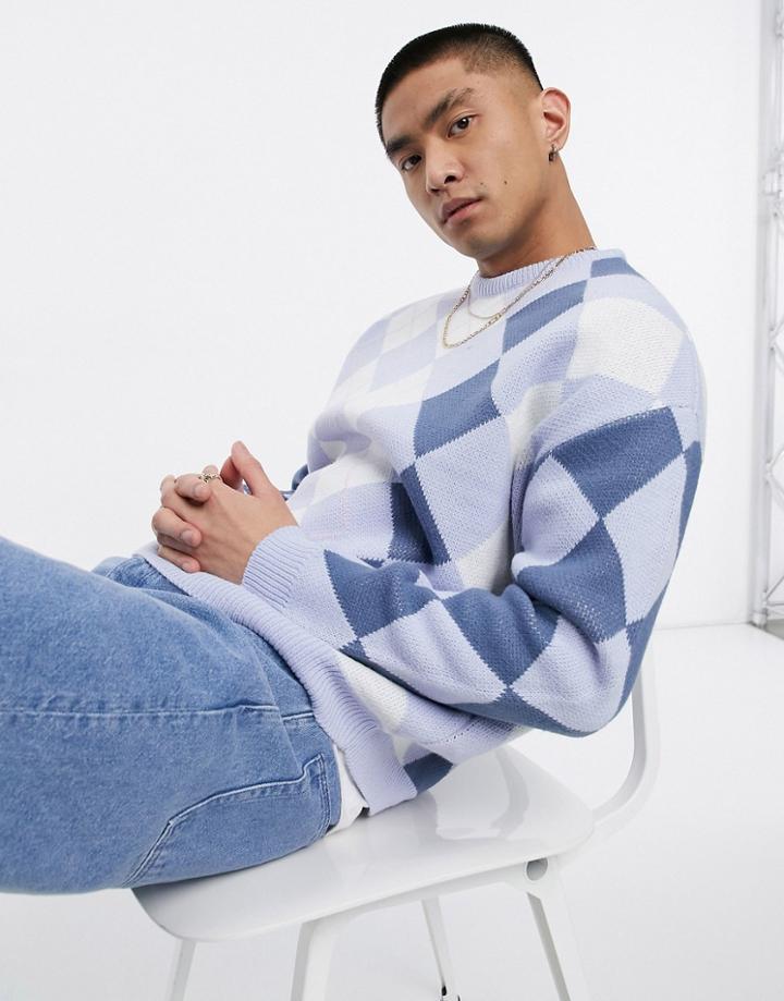 Asos Design Knitted Oversized Sweater With Argyle Pattern In Blue Base-blues