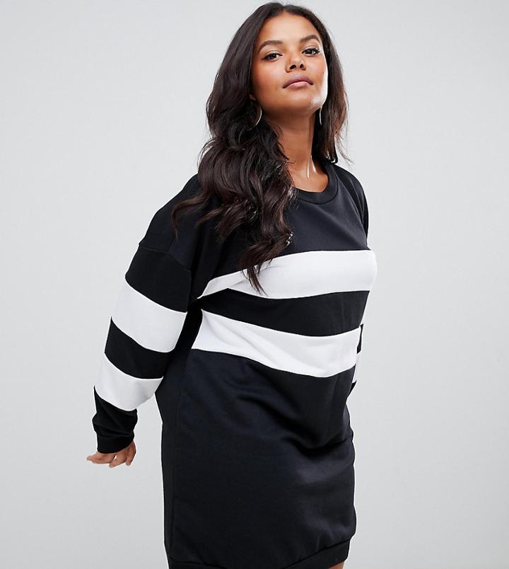 Prettylittlething Plus Contrast Stripe Sweat Dress In Black - Black