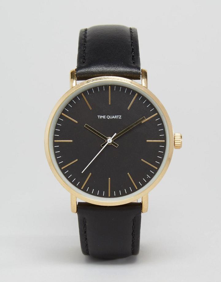 Asos Watch With Leather Strap In Black - Black