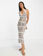 Asos Design Halter Maxi Dress In Brown Crochet With Square Print-multi