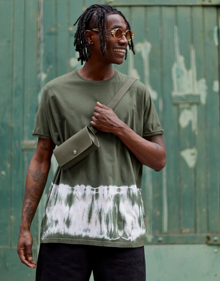 Asos Design Extreme Oversized Longline T-shirt With Roll Sleeve In Bleach Wash In Khaki-green